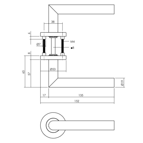 LIJNTEKENING_DEURKRUK HOEK 90° OP GEVEERDE STALEN ROZET MET NOKKEN Ø53X8MM RVS ANTRACIET-GRIJS