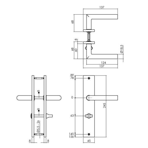 LIJNTEKENING_DEURKRUK BASTIAN OP LANGSCHILD 245X45MM WC63/8MM MAT ZWART