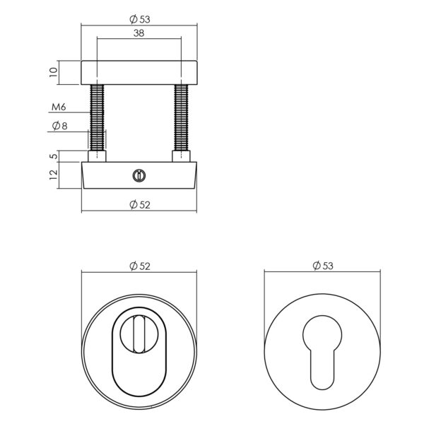 LIJNTEKENING2_SET VOORDEURBESLAG ROND: VOORDEURKNOP, SKG ROZETTEN EN DEURKRUK/ROZET RVS