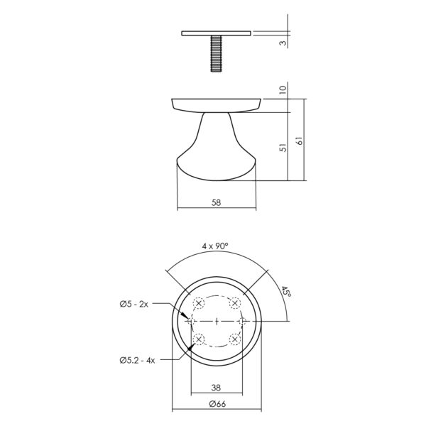LIJNTEKENING3_SET VOORDEURBESLAG ROND: VOORDEURKNOP, SKG ROZETTEN EN DEURKRUK/ROZET RVS