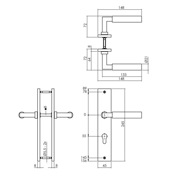 LIJNTEKENING_DEURKRUK BAUSTIL OP LANGSCHILD 245X45MM PROFIELCILINDERGAT 55MM PVD MESSINGKLEUR