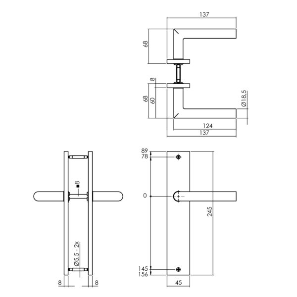 LIJNTEKENING_DEURKRUK BASTIAN OP LANGSCHILD 245X45MM BLIND PVD MESSINGKLEUR