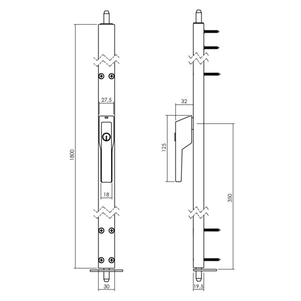 LIJNTEKENING_RAAMESPAGNOLET SKG2 AFSLUITBAAR RS 1800MM MET UITWISSELBARE CILINDER